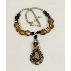 Artisan Handcrafted Black and Gold Swirl Glass Teardrop Pendant Necklace
